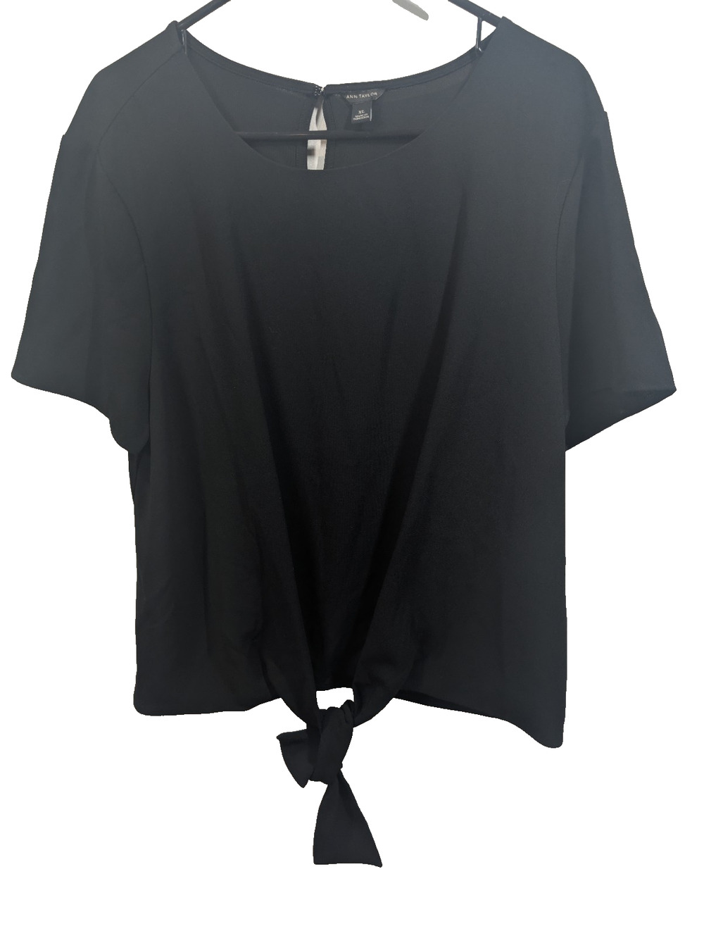 Ann Taylor Womens XL Black Top Short Sleeve Tie Front Jersey Knit Blouse Dressy